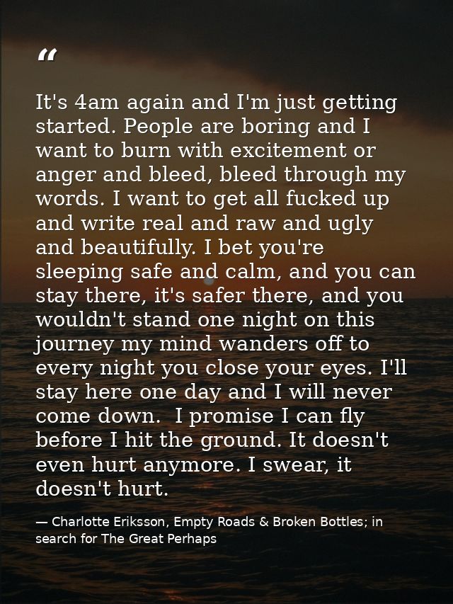 It's 4am again and I'm just getting started. People are boring and I want to burn with excitement or anger and bleed, bl — Charlotte Eriksson, Empty Roads & Broken Bottles; in search for The Great Perhaps