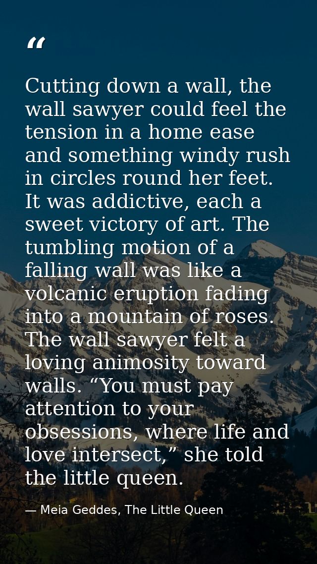 Cutting down a wall, the wall sawyer could feel the tension in a home ease and something windy rush in circles round her — Meia Geddes, The Little Queen