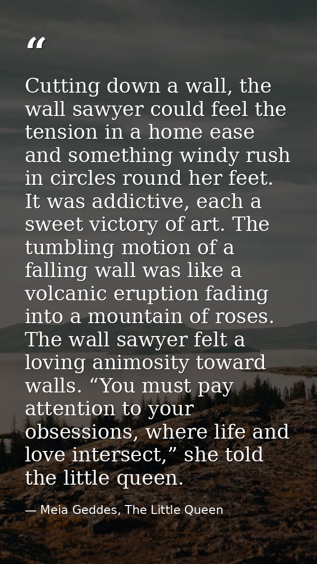 Cutting down a wall, the wall sawyer could feel the tension in a home ease and something windy rush in circles round her — Meia Geddes, The Little Queen