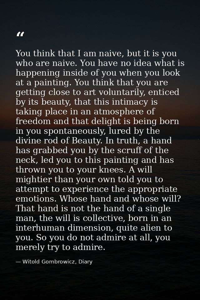 You think that I am naive, but it is you who are naive. You have no idea what is happening inside of you when you look a — Witold Gombrowicz, Diary