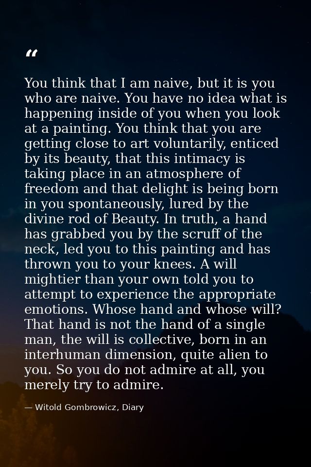 You think that I am naive, but it is you who are naive. You have no idea what is happening inside of you when you look a — Witold Gombrowicz, Diary