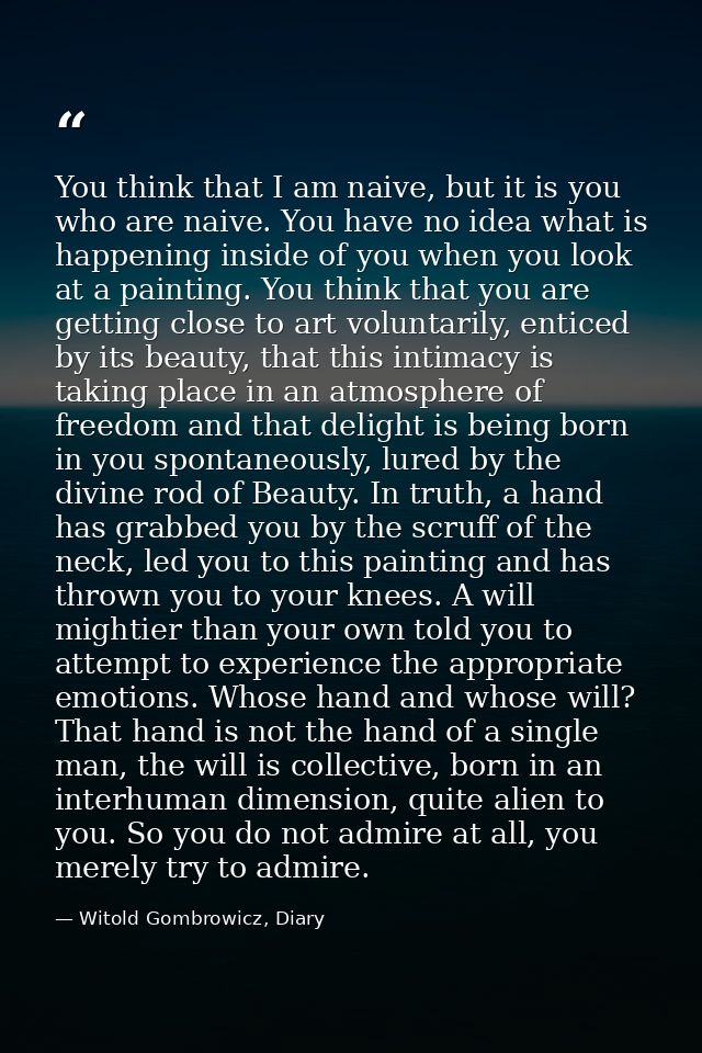 You think that I am naive, but it is you who are naive. You have no idea what is happening inside of you when you look a — Witold Gombrowicz, Diary