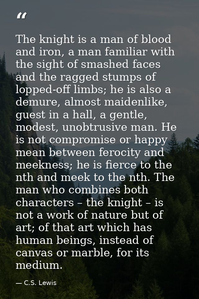 The knight is a man of blood and iron, a man familiar with the sight of smashed faces and the ragged stumps of lopped-of — C.S. Lewis