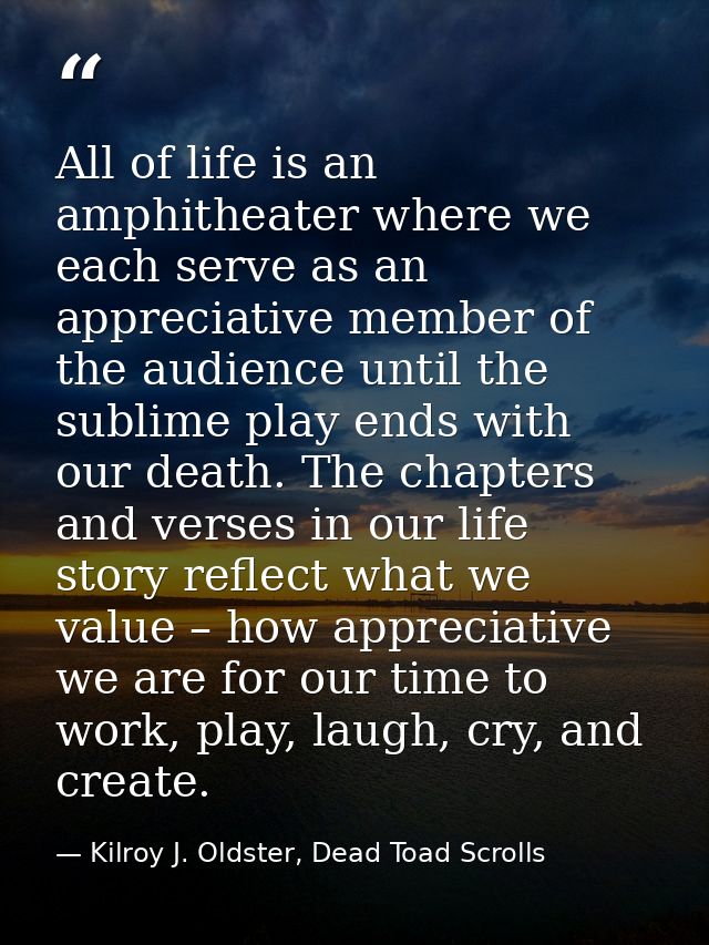 All of life is an amphitheater where we each serve as an appreciative member of the audience until the sublime play ends — Kilroy J. Oldster, Dead Toad Scrolls