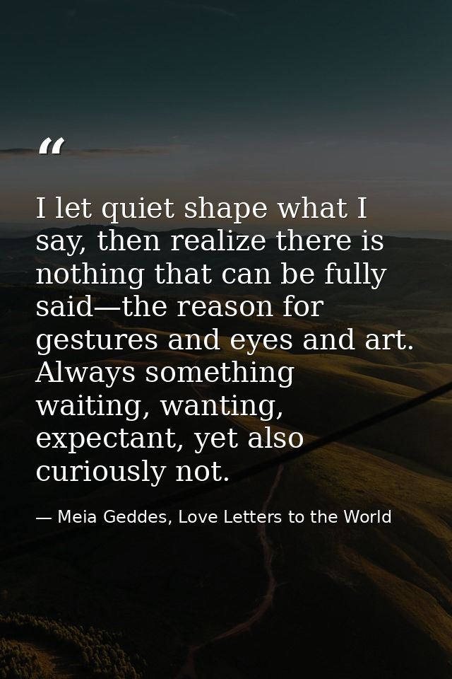 I let quiet shape what I say, then realize there is nothing that can be fully said—the reason for gestures and eyes and  — Meia Geddes, Love Letters to the World