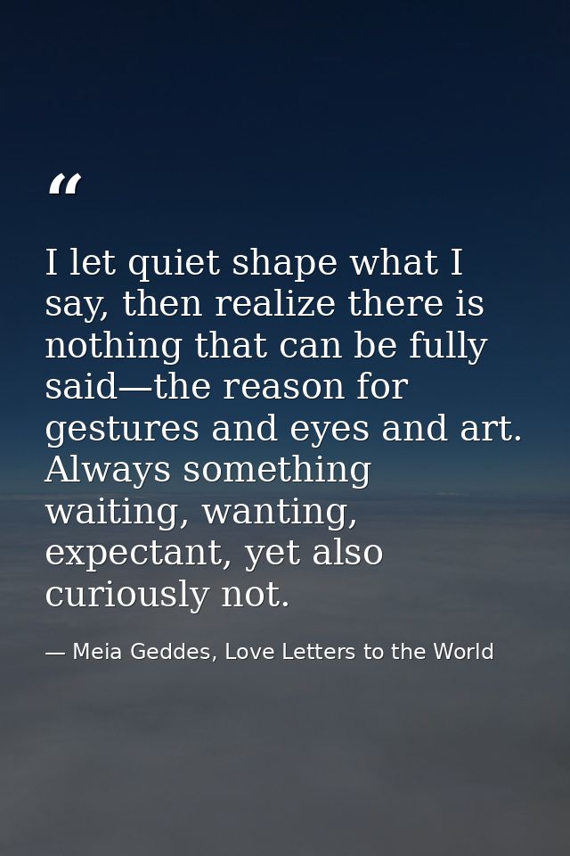 I let quiet shape what I say, then realize there is nothing that can be fully said—the reason for gestures and eyes and  — Meia Geddes, Love Letters to the World