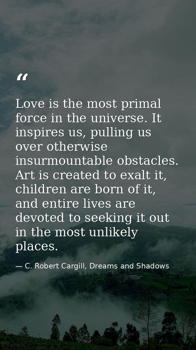 Love is the most primal force in the universe. It inspires us, pulling us over otherwise insurmountable obstacles. Art i — C. Robert Cargill, Dreams and Shadows