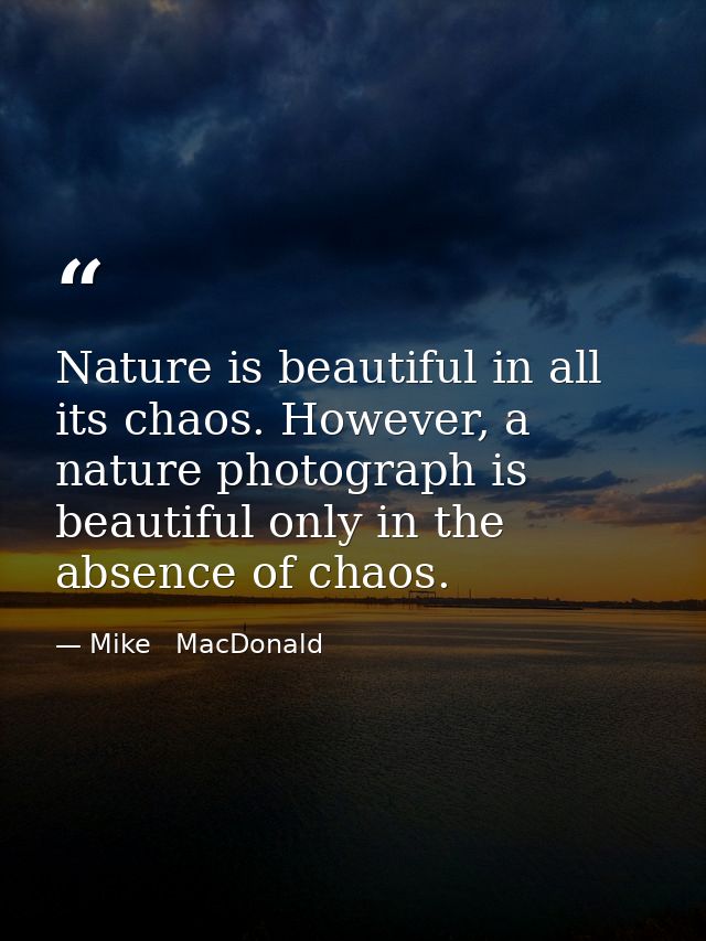 Nature is beautiful in all its chaos. However, a nature photograph is beautiful only in the absence of chaos. — Mike   MacDonald