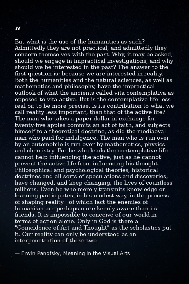 But what is the use of the humanities as such? Admittedly they are not practical, and admittedly they concern themselves — Erwin Panofsky, Meaning in the Visual Arts