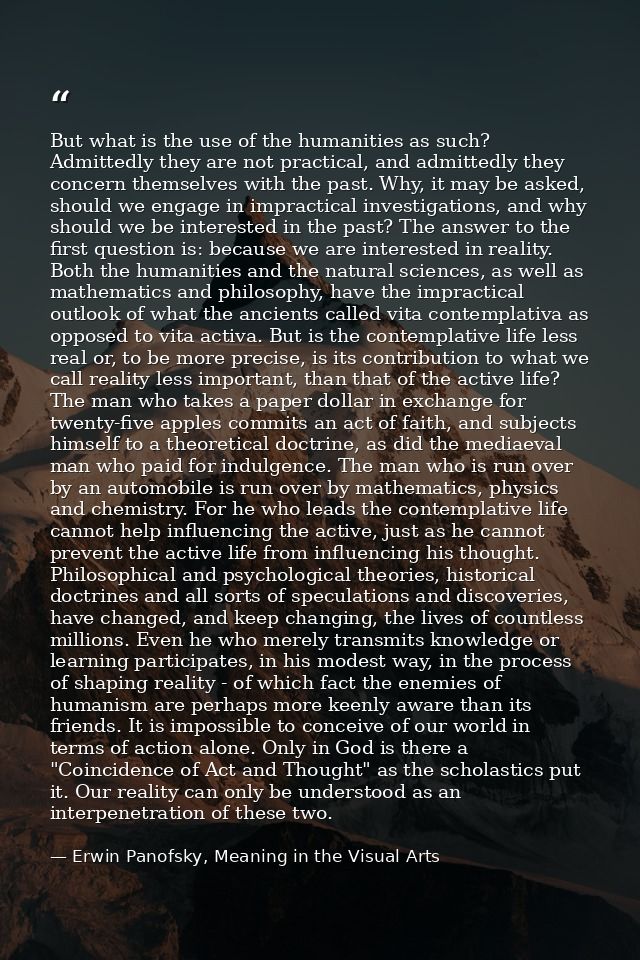 But what is the use of the humanities as such? Admittedly they are not practical, and admittedly they concern themselves — Erwin Panofsky, Meaning in the Visual Arts