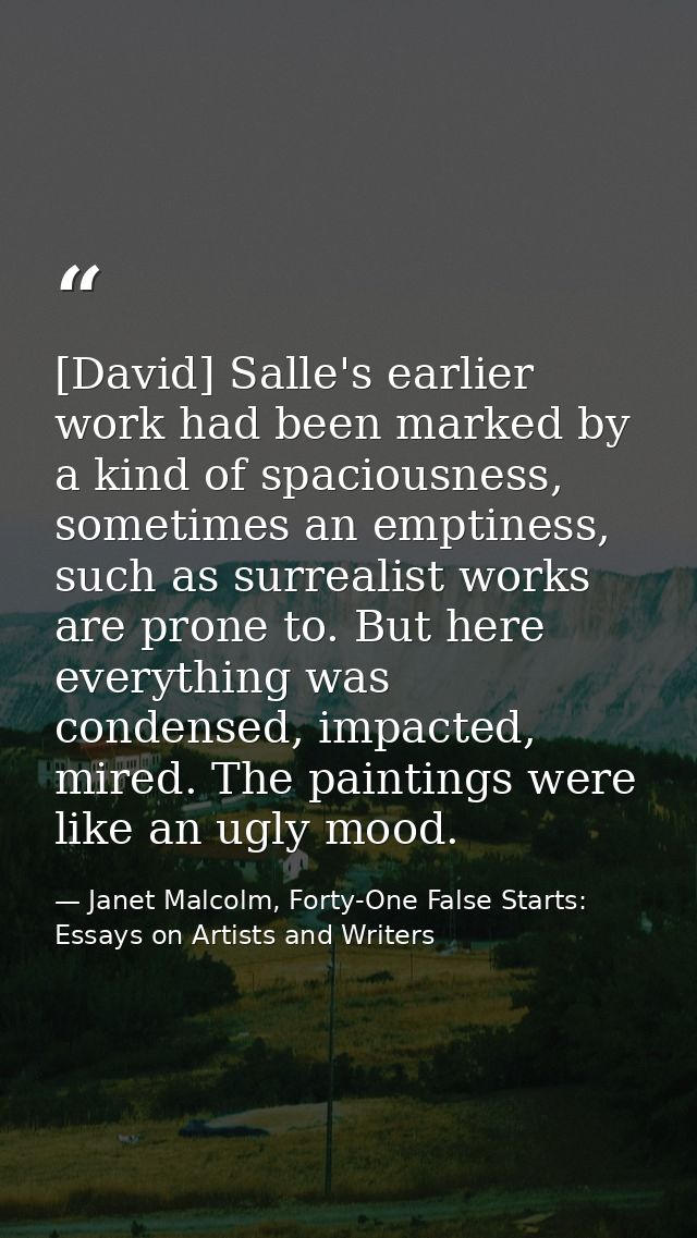 [David] Salle's earlier work had been marked by a kind of spaciousness, sometimes an emptiness, such as surrealist works — Janet Malcolm, Forty-One False Starts: Essays on Artists and Writers