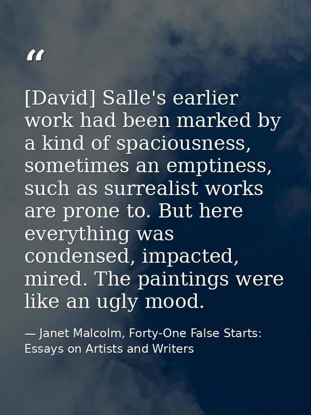 [David] Salle's earlier work had been marked by a kind of spaciousness, sometimes an emptiness, such as surrealist works — Janet Malcolm, Forty-One False Starts: Essays on Artists and Writers
