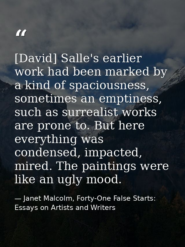 [David] Salle's earlier work had been marked by a kind of spaciousness, sometimes an emptiness, such as surrealist works — Janet Malcolm, Forty-One False Starts: Essays on Artists and Writers