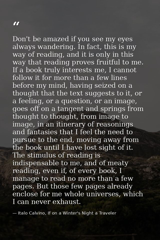 Don't be amazed if you see my eyes always wandering. In fact, this is my way of reading, and it is only in this way that — Italo Calvino, If on a Winter's Night a Traveler