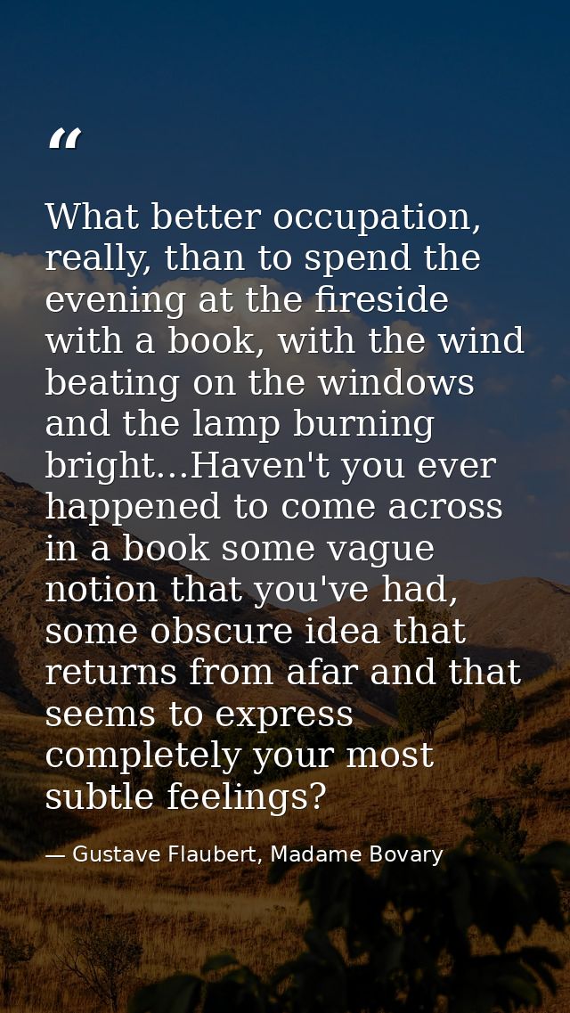 What better occupation, really, than to spend the evening at the fireside with a book, with the wind beating on the wind — Gustave Flaubert, Madame Bovary