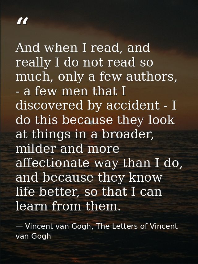 And when I read, and really I do not read so much, only a few authors, - a few men that I discovered by accident - I do  — Vincent van Gogh, The Letters of Vincent van Gogh