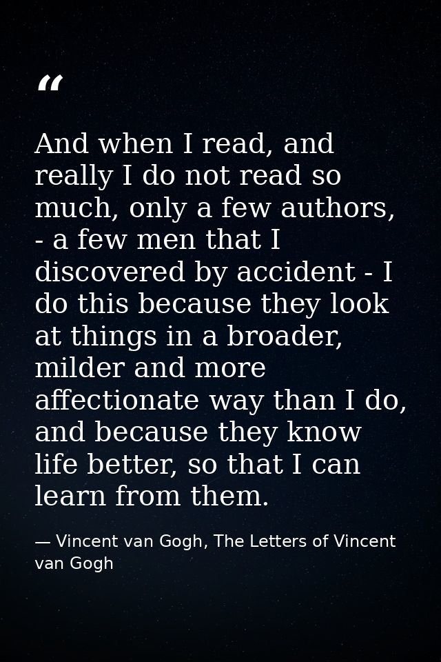 And when I read, and really I do not read so much, only a few authors, - a few men that I discovered by accident - I do  — Vincent van Gogh, The Letters of Vincent van Gogh