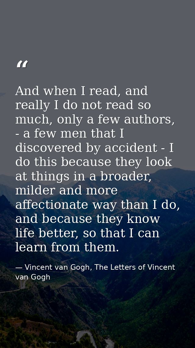 And when I read, and really I do not read so much, only a few authors, - a few men that I discovered by accident - I do  — Vincent van Gogh, The Letters of Vincent van Gogh