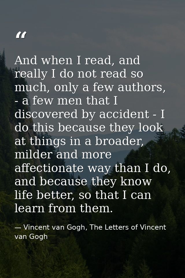 And when I read, and really I do not read so much, only a few authors, - a few men that I discovered by accident - I do  — Vincent van Gogh, The Letters of Vincent van Gogh