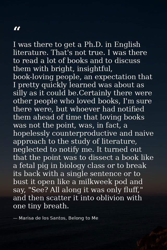 I was there to get a Ph.D. in English literature. That's not true. I was there to read a lot of books and to discuss the — Marisa de los Santos, Belong to Me