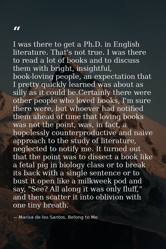 I was there to get a Ph.D. in English literature. That's not true. I was there to read a lot of books and to discuss the — Marisa de los Santos, Belong to Me