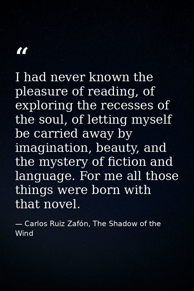 I had never known the pleasure of reading, of exploring the recesses of the soul, of letting myself be carried away by i — Carlos Ruiz Zafón, The Shadow of the Wind