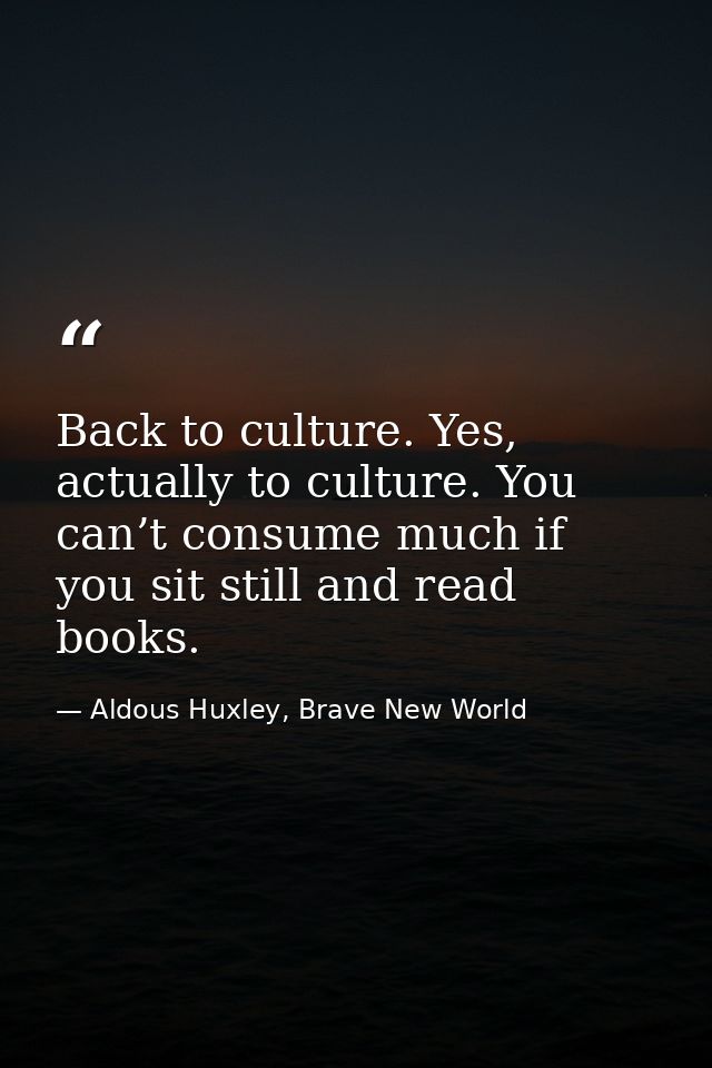 Back to culture. Yes, actually to culture. You can’t consume much if you sit still and read books. — Aldous Huxley, Brave New World