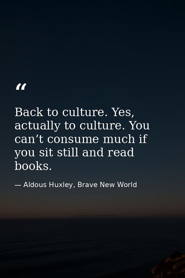 Back to culture. Yes, actually to culture. You can’t consume much if you sit still and read books. — Aldous Huxley, Brave New World