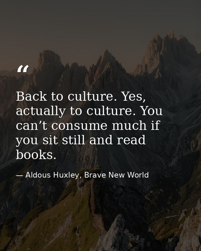 Back to culture. Yes, actually to culture. You can’t consume much if you sit still and read books. — Aldous Huxley, Brave New World