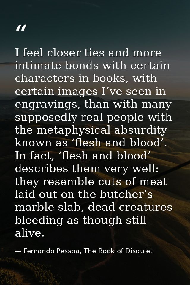 I feel closer ties and more intimate bonds with certain characters in books, with certain images I’ve seen in engravings — Fernando Pessoa, The Book of Disquiet