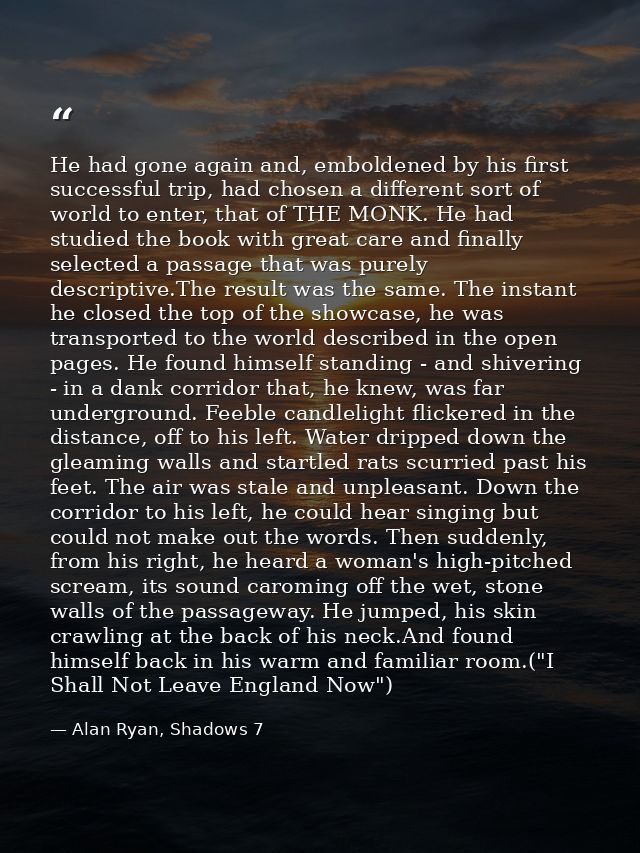 He had gone again and, emboldened by his first successful trip, had chosen a different sort of world to enter, that of T — Alan Ryan, Shadows 7