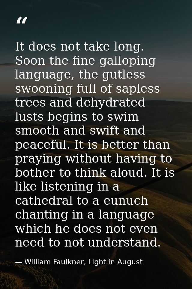 It does not take long. Soon the fine galloping language, the gutless swooning full of sapless trees and dehydrated lusts — William Faulkner, Light in August