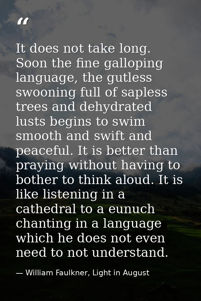It does not take long. Soon the fine galloping language, the gutless swooning full of sapless trees and dehydrated lusts — William Faulkner, Light in August