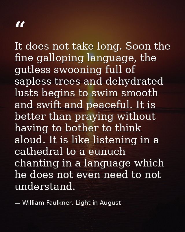 It does not take long. Soon the fine galloping language, the gutless swooning full of sapless trees and dehydrated lusts — William Faulkner, Light in August