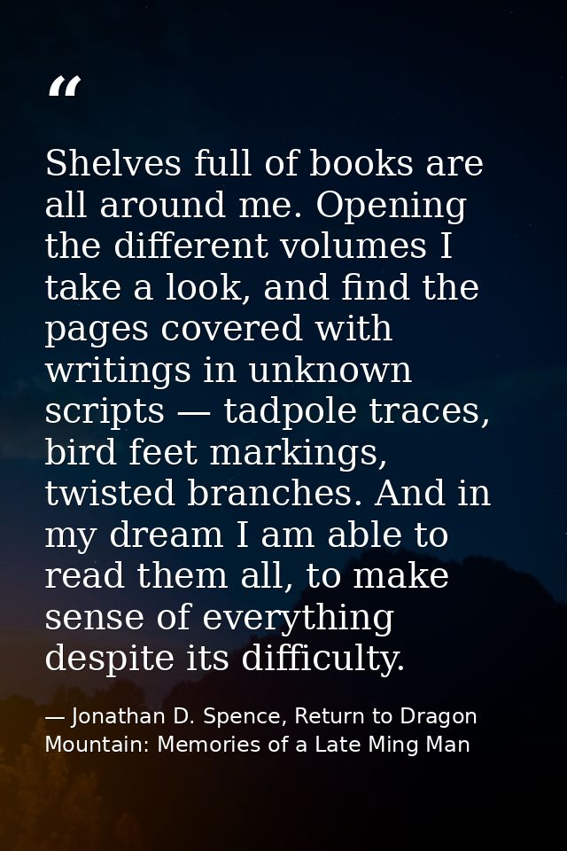 Shelves full of books are all around me. Opening the different volumes I take a look, and find the pages covered with wr — Jonathan D. Spence, Return to Dragon Mountain: Memories of a Late Ming Man