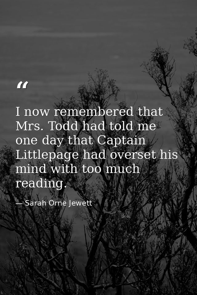 I now remembered that Mrs. Todd had told me one day that Captain Littlepage had overset his mind with too much reading. — Sarah Orne Jewett