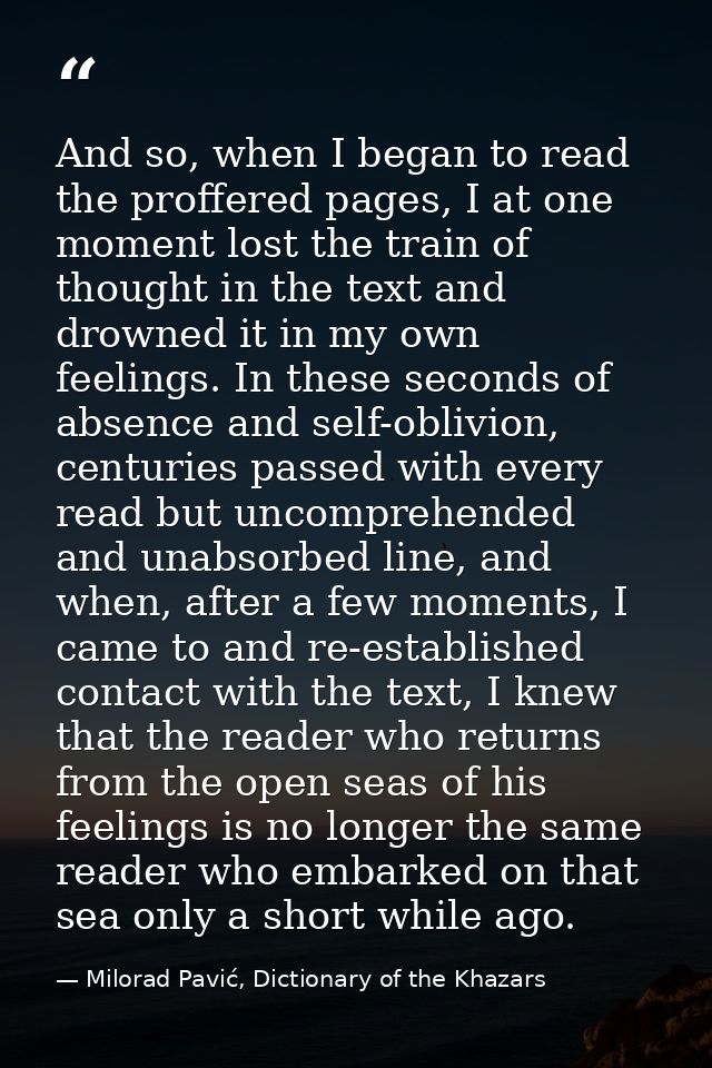 And so, when I began to read the proffered pages, I at one moment lost the train of thought in the text and drowned it i — Milorad Pavić, Dictionary of the Khazars