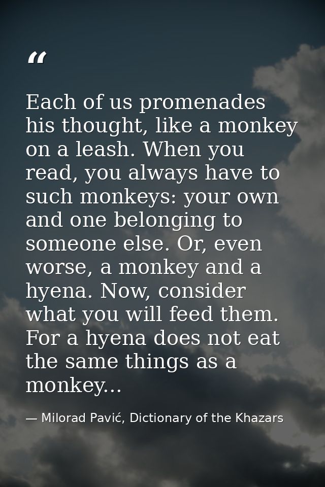 Each of us promenades his thought, like a monkey on a leash. When you read, you always have to such monkeys: your own an — Milorad Pavić, Dictionary of the Khazars