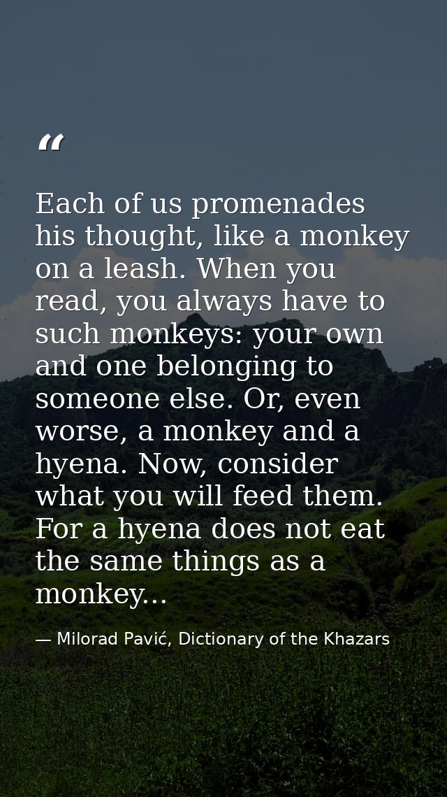 Each of us promenades his thought, like a monkey on a leash. When you read, you always have to such monkeys: your own an — Milorad Pavić, Dictionary of the Khazars