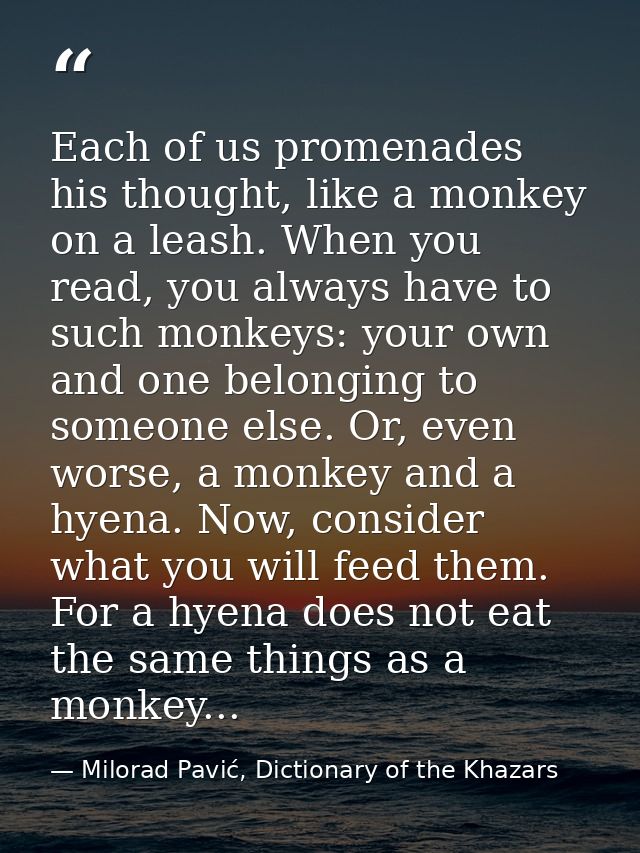 Each of us promenades his thought, like a monkey on a leash. When you read, you always have to such monkeys: your own an — Milorad Pavić, Dictionary of the Khazars
