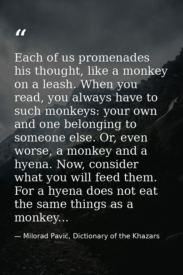 Each of us promenades his thought, like a monkey on a leash. When you read, you always have to such monkeys: your own an — Milorad Pavić, Dictionary of the Khazars