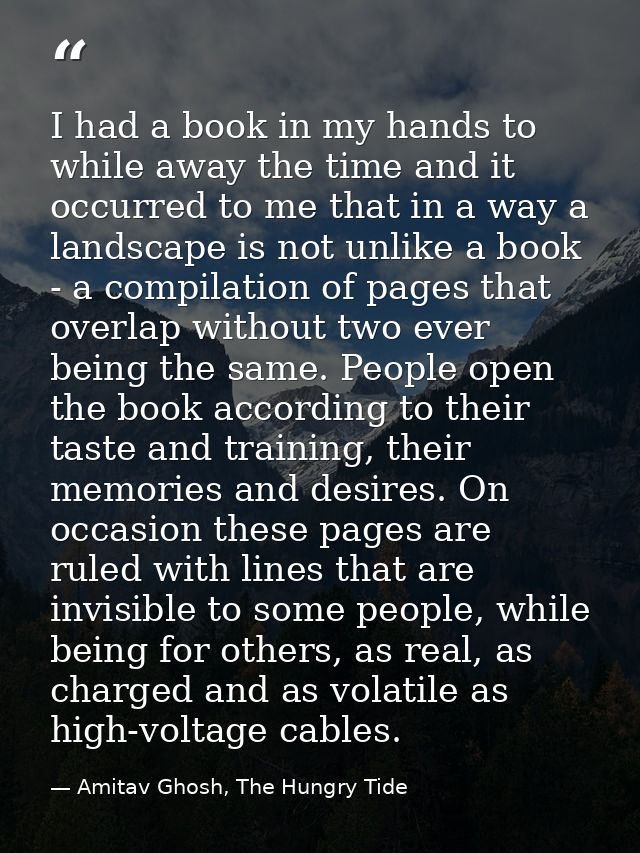 I had a book in my hands to while away the time and it occurred to me that in a way a landscape is not unlike a book - a — Amitav Ghosh, The Hungry Tide