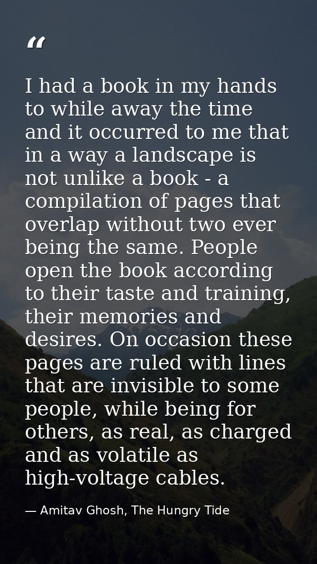 I had a book in my hands to while away the time and it occurred to me that in a way a landscape is not unlike a book - a — Amitav Ghosh, The Hungry Tide