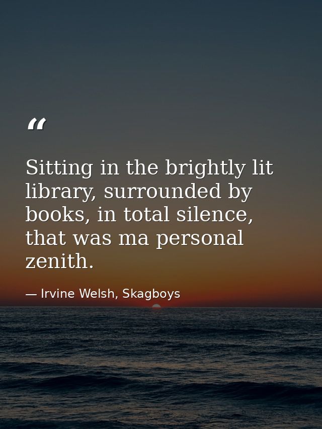 Sitting in the brightly lit library, surrounded by books, in total silence, that was ma personal zenith. — Irvine Welsh, Skagboys