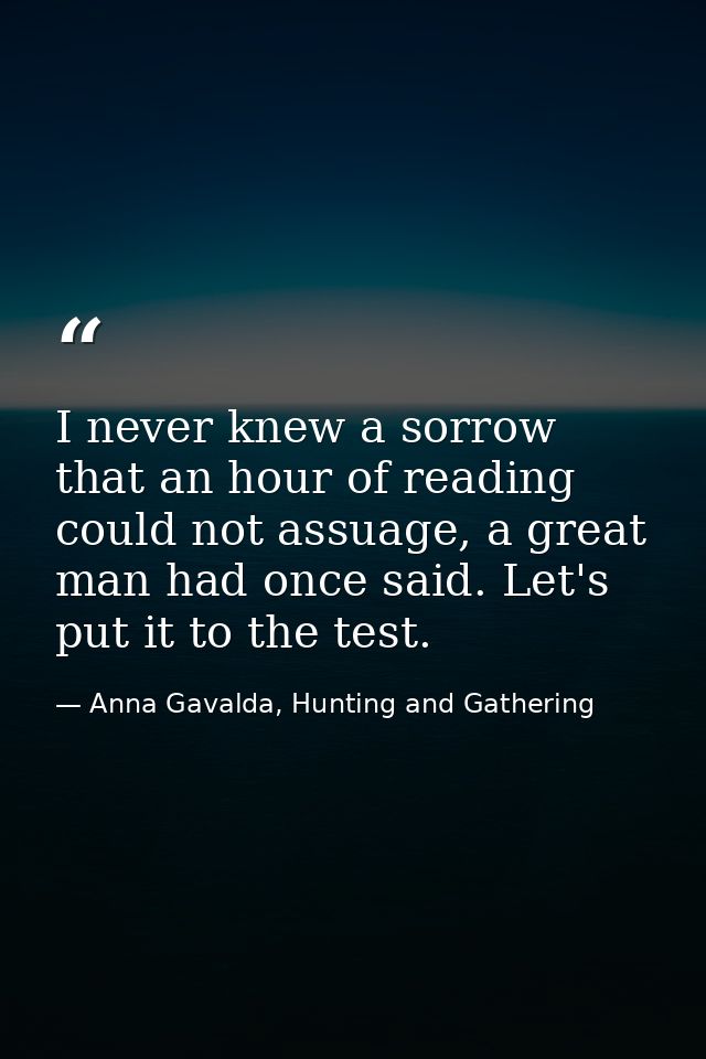 I never knew a sorrow that an hour of reading could not assuage, a great man had once said. Let's put it to the test. — Anna Gavalda, Hunting and Gathering