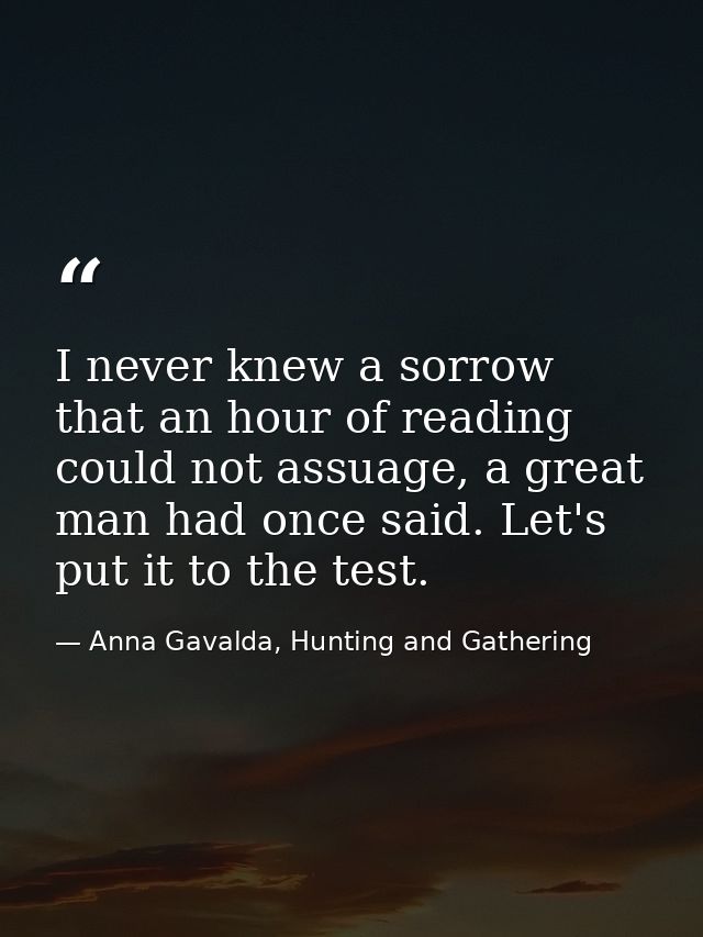 I never knew a sorrow that an hour of reading could not assuage, a great man had once said. Let's put it to the test. — Anna Gavalda, Hunting and Gathering