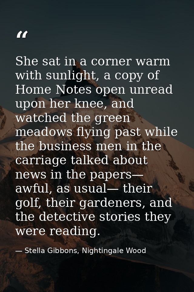 She sat in a corner warm with sunlight, a copy of Home Notes open unread upon her knee, and watched the green meadows fl — Stella Gibbons, Nightingale Wood