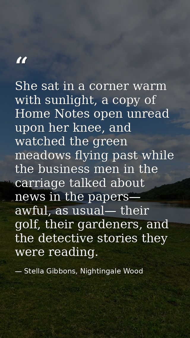 She sat in a corner warm with sunlight, a copy of Home Notes open unread upon her knee, and watched the green meadows fl — Stella Gibbons, Nightingale Wood