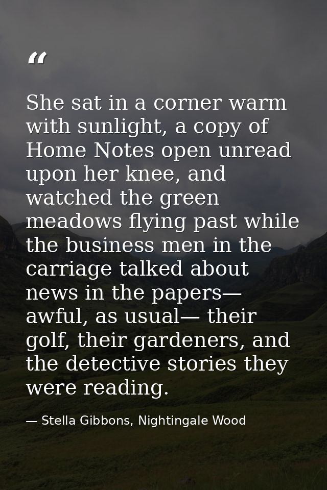 She sat in a corner warm with sunlight, a copy of Home Notes open unread upon her knee, and watched the green meadows fl — Stella Gibbons, Nightingale Wood