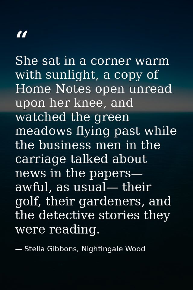 She sat in a corner warm with sunlight, a copy of Home Notes open unread upon her knee, and watched the green meadows fl — Stella Gibbons, Nightingale Wood